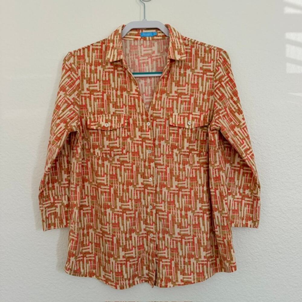 J. McLaughlin Brynn‎ Lyford Jersey Shirt Tan Orange Cream Open Collar Women's L